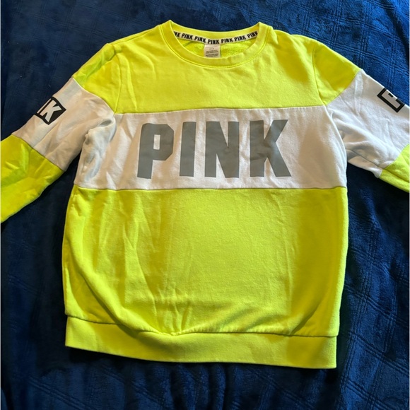 PINK Victoria's Secret Tops - Juniors size S Oversized PINK yellow & white sweatshirt w/ “pink” written on it